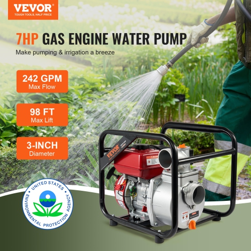 VEVOR 3 in/80 mm Gasoline Powered Trash Pump, 7HP 242GPM 4-Stroke Water Transfer Pump with 25 ft/7.62 m Outlet Hose Max 98 ft Lift 26ft Suction, Cast
