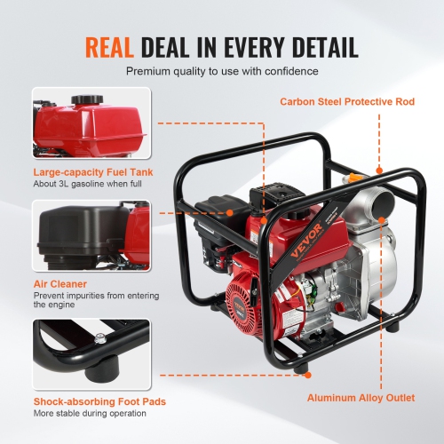 VEVOR 3 in/80 mm Gasoline Powered Trash Pump, 7HP 242GPM 4-Stroke Water Transfer Pump with 25 ft/7.62 m Outlet Hose Max 98 ft Lift 26ft Suction, Cast