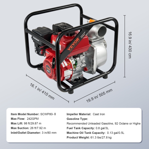 VEVOR 3 in/80 mm Gasoline Powered Trash Pump, 7HP 242GPM 4-Stroke Water Transfer Pump with 25 ft/7.62 m Outlet Hose Max 98 ft Lift 26ft Suction, Cast
