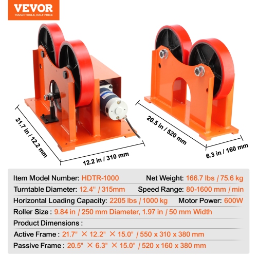 VEVOR 110V Turning Rolls Linkage Roller, 1000KG/2205LBS Loading, 25-1400mm Diameter, 80-1600 mm/min Rotary Welding Positioner & Welding Torch Stand