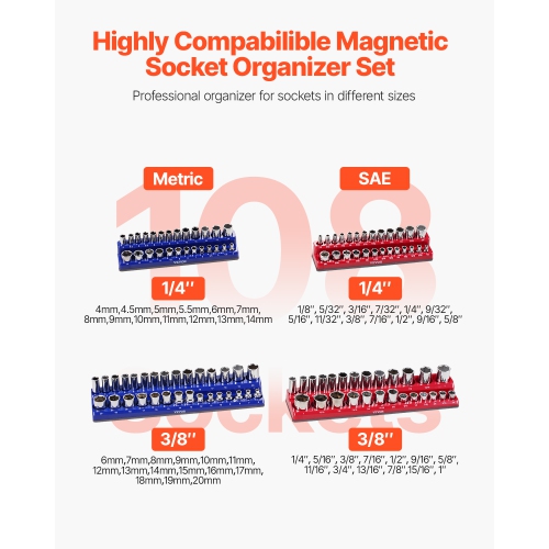 VEVOR 4PCS Magnetic Socket Holder Organizer Set,1/4'' & 3/8'' Metric SAE Socket Trays with Clear Labels,Hold up to 108PCS Standard & Deep