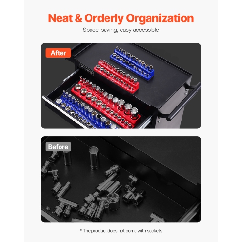 VEVOR 4PCS Magnetic Socket Holder Organizer Set,1/4'' & 3/8'' Metric SAE Socket Trays with Clear Labels,Hold up to 108PCS Standard & Deep