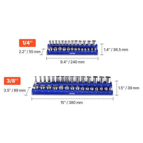 VEVOR 4PCS Magnetic Socket Holder Organizer Set,1/4'' & 3/8'' Metric SAE Socket Trays with Clear Labels,Hold up to 108PCS Standard & Deep