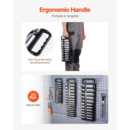 VEVOR 3-Piece Socket Organizer Tray, Metric & SAE Socket Organizer Set, 1/4'', 3/8'' and 1/2'' Socket Holder with Handle & Magnetic Base for Tool Box