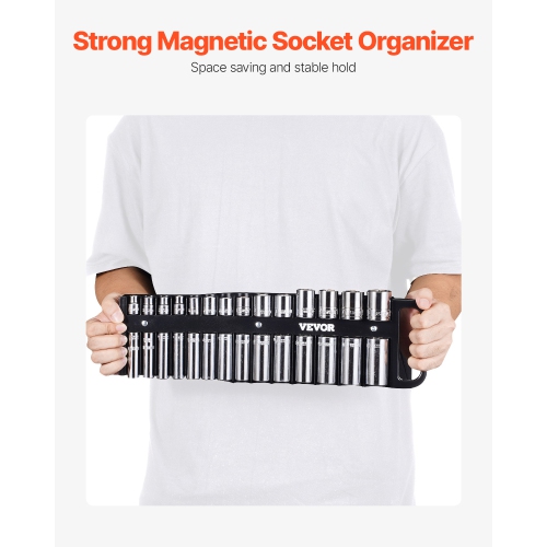 VEVOR 3-Piece Socket Organizer Tray, Metric & SAE Socket Organizer Set, 1/4'', 3/8'' and 1/2'' Socket Holder with Handle & Magnetic Base for Tool Box