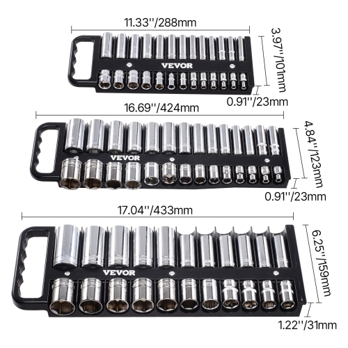 VEVOR 3-Piece Socket Organizer Tray, Metric & SAE Socket Organizer Set, 1/4'', 3/8'' and 1/2'' Socket Holder with Handle & Magnetic Base for Tool Box