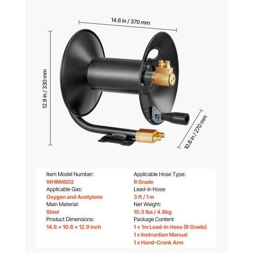 VEVOR 3FT Lead-in Hose Reel Welding, Hand Crank Rewind Hose Reel with Hose and 9/16"-18 B Fittings, Ceiling/Wall Mount Steel Reel for Workshops
