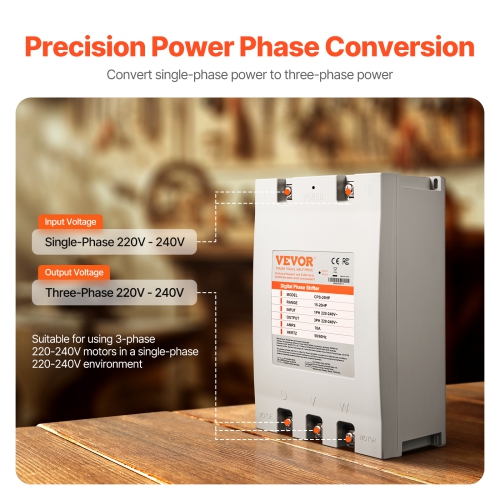 VEVOR 3 Phase Converter - 20HP 70A 220V Single Phase to 3 Phase,220V-240V Input/Output, Digital Phase Shifter for Residential & Light Commercial