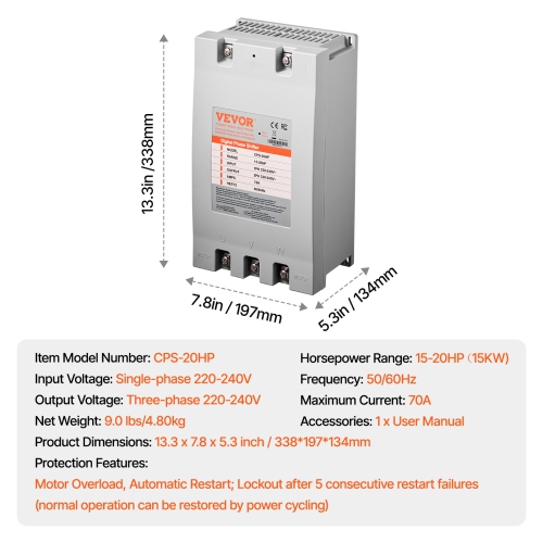 VEVOR 3 Phase Converter - 20HP 70A 220V Single Phase to 3 Phase,220V-240V Input/Output, Digital Phase Shifter for Residential & Light Commercial