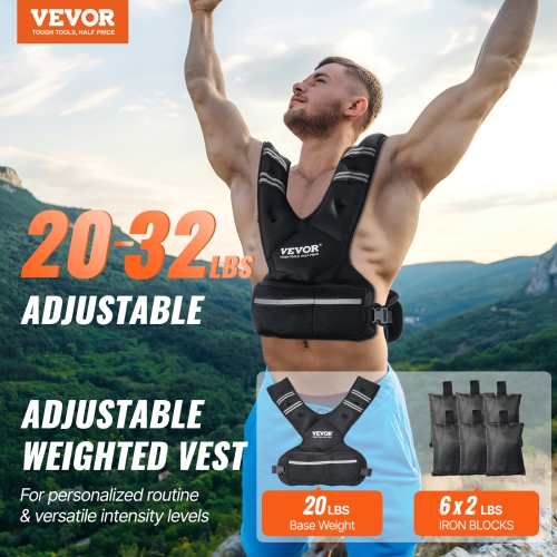 VEVOR 20-32lb Adjustable Weighted Vest, with 6 Ironsand Weights and Reflective Stripe, Body Weight Vest for Men Women, Workout Equipment for Strength