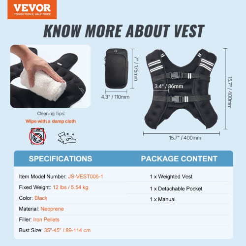 VEVOR 12 lbs Weighted Vest with Reflective Stripe, Adjustable Buckle Body Weight Vest for Men Women, Workout Equipment for Strength Training,