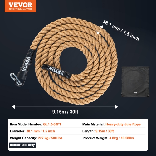 VEVOR 1.5" Diameter Gym Climbing Rope, 30 ft Length Gym Exercise Workout Rope for Adults, Climbing Rope for Fitness and Strength Training, Climbing