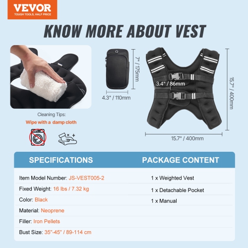 VEVOR 16 lbs Weighted Vest with Reflective Stripe, Adjustable Buckle Body Weight Vest for Men Women, Workout Equipment for Strength Training,