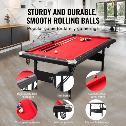 VEVOR 7 ft Pool Table,Portable Foldable Space-Saving Table,Billiard Table Set Includes Balls,Cues, Chalks and Brush, Black with Red Cloth, Perfect