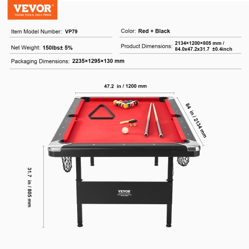 VEVOR 7 ft Pool Table,Portable Foldable Space-Saving Table,Billiard Table Set Includes Balls,Cues, Chalks and Brush, Black with Red Cloth, Perfect