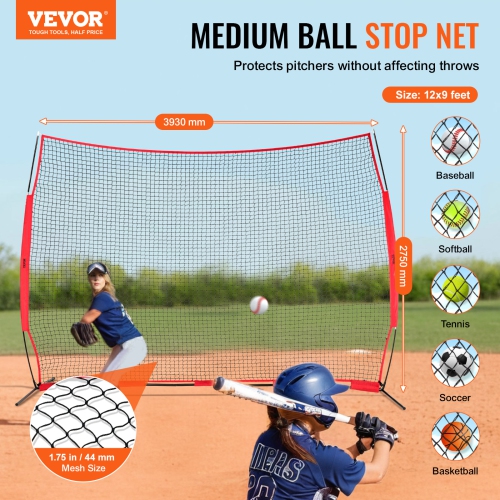 VEVOR 12x9 ft Ball Sports Barrier Netting, Portable Practice Equipment with Carry Bag, Protection Screen for Baseball Softball Lacrosse Soccer Hockey