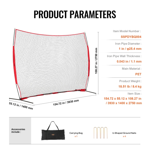 VEVOR 12x9 ft Ball Sports Barrier Netting, Portable Practice Equipment with Carry Bag, Protection Screen for Baseball Softball Lacrosse Soccer Hockey