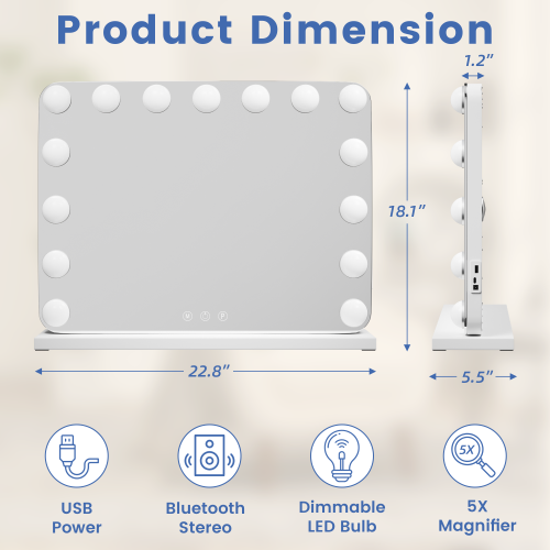 U-HOMY 8/31 – Miroir de salle de bain LED de 22 po avec Bluetooth – Miroir de maquillage Hollywood avec lumières, 15 ampoules à intensité
