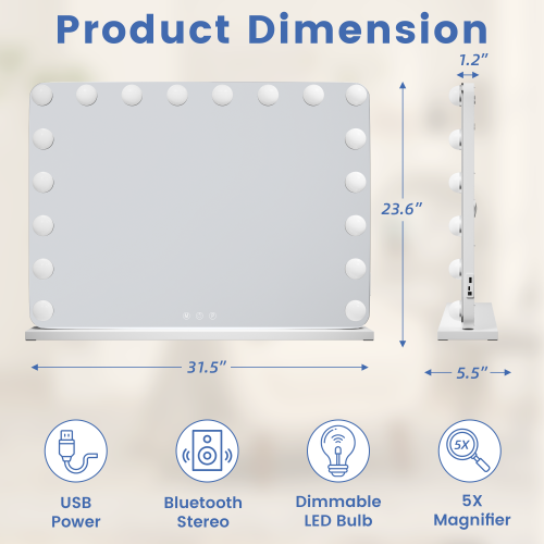 U-HOMY 8/31 – Miroir de salle de bain LED de 22&nbsp;po avec Bluetooth – Miroir de maquillage Hollywood avec lumières, 15 ampoules à intensité