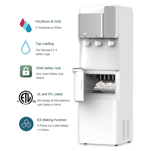 Refroidisseur d'eau 2-en-1 à chargement par le haut 27 lb/24 h Uncle de Parrot avec machine à glaçons intégrée