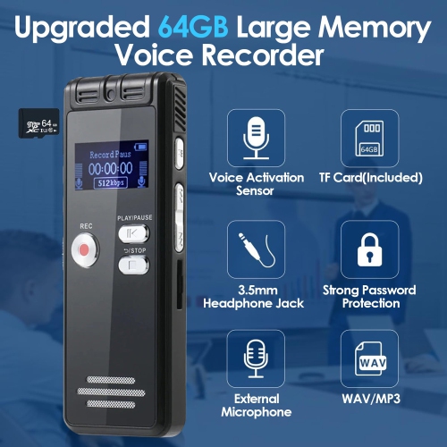 Enregistreur vocal 64G Lecteur MP3 portatif adapté pour étudier, réunion, affaires