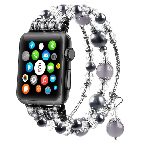 Pour le bracelet Apple iWatch 9/8/7, le bracelet perle cristal agate naturel, le bracelet élastique tendance pour femmes fait à la main enagate gris