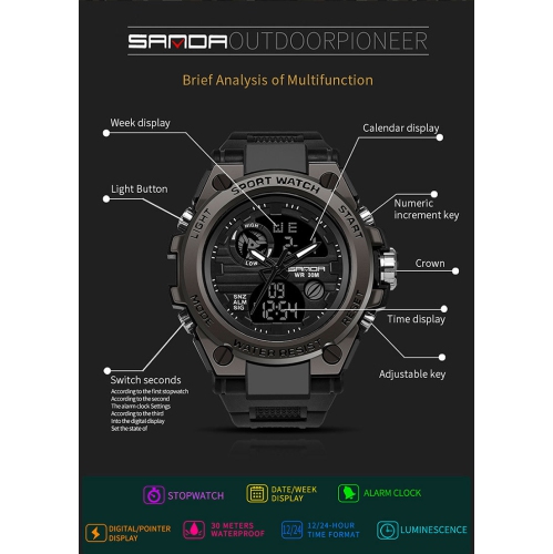 Hot selling large dial tactical watch, fashionable and multifunctional for male students, dual display sports waterproof electronic watch - 739 blue