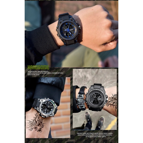 Hot selling large dial tactical watch, fashionable and multifunctional for male students, dual display sports waterproof electronic watch - 739 blue