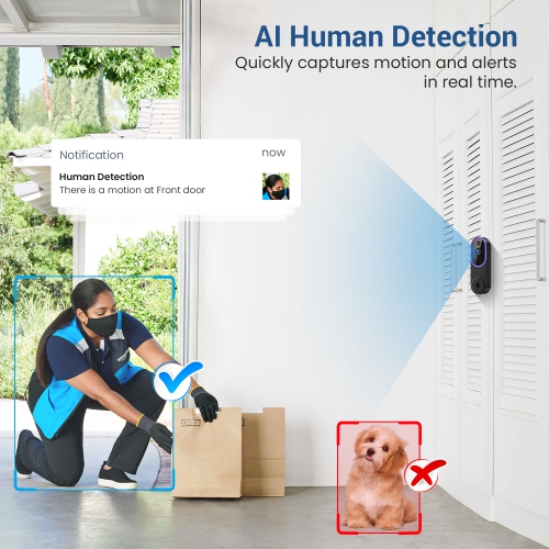 Wireless Doorbell Camera, WiFi HD Night Vision Smart Doorbell with AI Human Detection, Two-Way Talk, Night Vision, and Cloud Storage