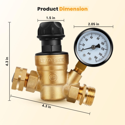 RV Water Pressure Regulator, 3/4 Inch Brass Lead Free Pressure Reducing Valve for RV Camper Travel Trailer Accessories 0-160 PSI