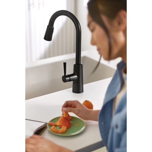 Moen Riley Matte Black One-Handle Modern Pulldown Kitchen Faucet Featuring Power Boost for a Faster Clean
