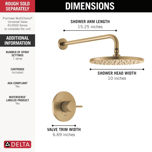 Delta Faucet Modern Raincan Round Single-Function Shower Valve Trim Kit Gold, Shower Faucet Set