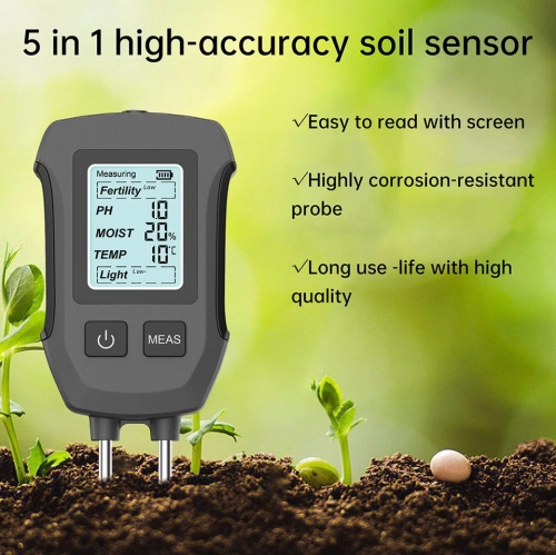 High-precision dual-probe soil tester five-in-one digital display pH value/light intensity/temperature and humidity/fertility measuring instrument
