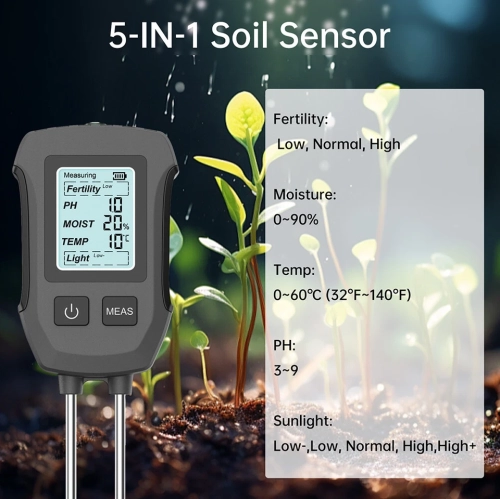 High-precision dual-probe soil tester five-in-one digital display pH value/light intensity/temperature and humidity/fertility measuring instrument