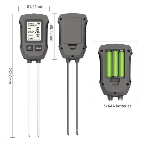High-precision dual-probe soil tester five-in-one digital display pH value/light intensity/temperature and humidity/fertility measuring instrument