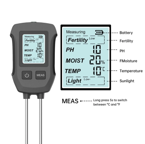 High-precision dual-probe soil tester five-in-one digital display pH value/light intensity/temperature and humidity/fertility measuring instrument