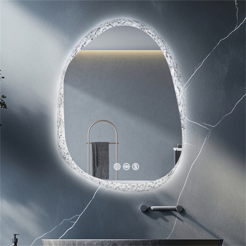 LUVODI Lighted LED Bathroom Mirror 20"x28" Irregular Stone Pattern Frosted Wall Vanity Mirror with Bright Back Lit Modern Dimmable Smart Mirror Anti