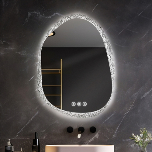 LUVODI Lighted LED Bathroom Mirror 20"x28" Irregular Stone Pattern Frosted Wall Vanity Mirror with Bright Back Lit Modern Dimmable Smart Mirror Anti
