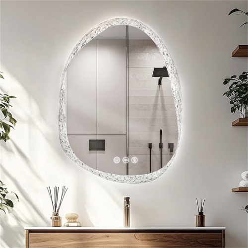 LUVODI Lighted LED Bathroom Mirror 20"x28" Irregular Stone Pattern Frosted Wall Vanity Mirror with Bright Back Lit Modern Dimmable Smart Mirror Anti