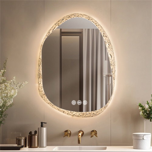 LUVODI Lighted LED Bathroom Mirror 24"x32" Irregular Stone Pattern Frosted Wall Vanity Mirror with Bright Back Lit Modern Dimmable Smart Mirror Anti