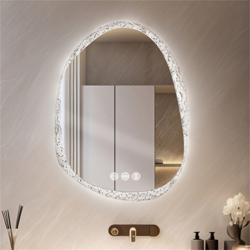 LUVODI Lighted LED Bathroom Mirror 24"x32" Irregular Stone Pattern Frosted Wall Vanity Mirror with Bright Back Lit Modern Dimmable Smart Mirror Anti