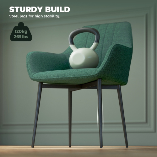 HOMCOM Dining Chairs Set of 2, Upholstered Kitchen Chairs, Linen Fabric Accent Arm Chairs with Metal Legs, Dark Green