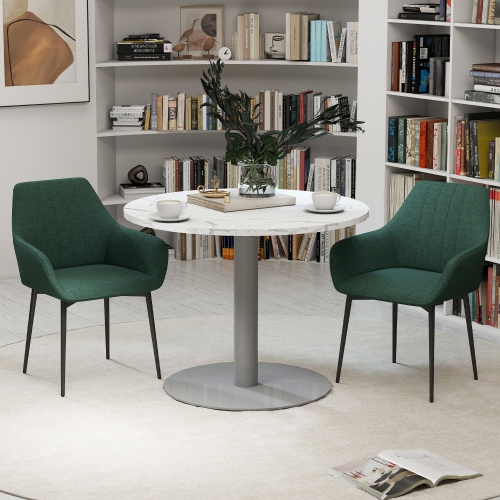 HOMCOM Dining Chairs Set of 2, Upholstered Kitchen Chairs, Linen Fabric Accent Arm Chairs with Metal Legs, Dark Green