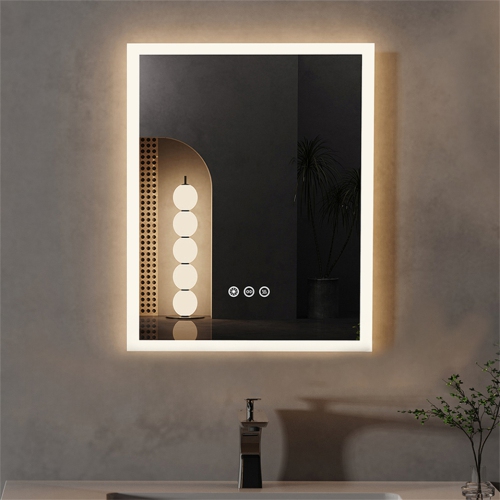 Image 1 of 10.. 16 x 20 Inch Rectangle LED Bathroom Mirror Anti-Fog Wall Mounted Lighted Bathroom Vanity Mirror Smart Makeup Mirror 3 Colors Light Dimmable Touch
