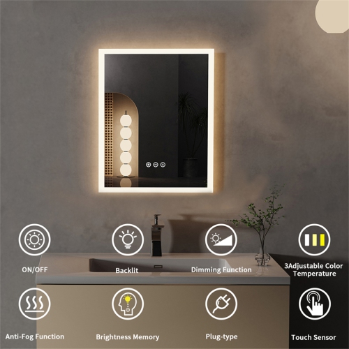 16 x 20 Inch Rectangle LED Bathroom Mirror Anti-Fog Wall Mounted Lighted Bathroom Vanity Mirror Smart Makeup Mirror 3 Colors Light Dimmable Touch