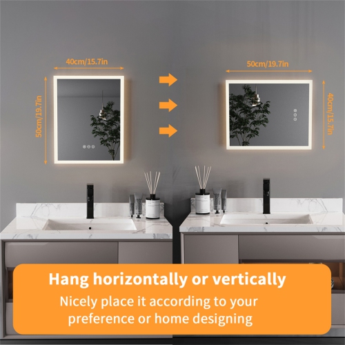 16 x 20 Inch Rectangle LED Bathroom Mirror Anti-Fog Wall Mounted Lighted Bathroom Vanity Mirror Smart Makeup Mirror 3 Colors Light Dimmable Touch