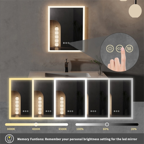 16 x 20 Inch Rectangle LED Bathroom Mirror Anti-Fog Wall Mounted Lighted Bathroom Vanity Mirror Smart Makeup Mirror 3 Colors Light Dimmable Touch