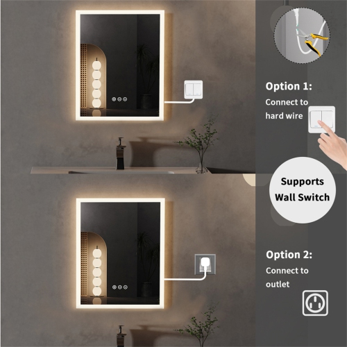 16 x 20 Inch Rectangle LED Bathroom Mirror Anti-Fog Wall Mounted Lighted Bathroom Vanity Mirror Smart Makeup Mirror 3 Colors Light Dimmable Touch