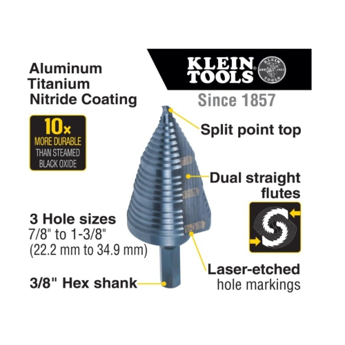 Klein Tools KTSB15 Double-Fluted Step Drill Bit