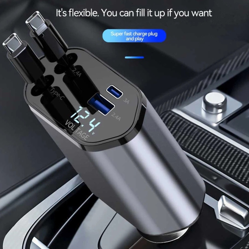 Chargeur rétractable pour l'auto Chargeur rapide 4 en 1 pour l'auto Câble rétractable et ports USB de type C Adaptateur de chargeur pour l'auto pour